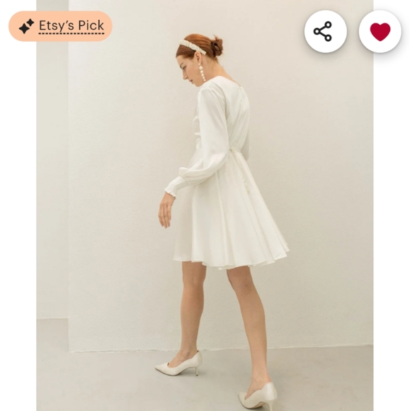 Darby Cream White Mini Dress - Short Wedding Dress with Long Sleeves - Satin Fit - Picture 1 of 13